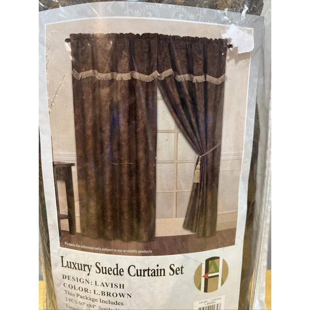 Vtg Suede Brown Paisley Window Curtain Set Panels‎ Valance 60x84